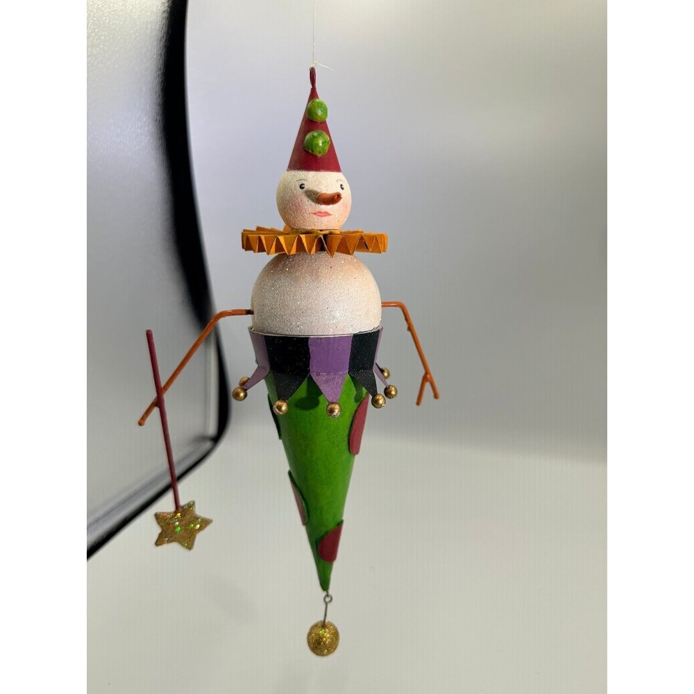 Whimsical Snowman Jester Ornament Holiday Christmas Glitter Metal Decor 10.5"